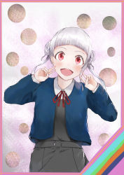 Rule 34 | 1girl, absurdres, arashi chisato, artist name, artist request, belt, blue cardigan, blue jacket, blush, bow, bowtie, breasts, buttons, cardigan, collared shirt, cropped jacket, double bun, double v, dress, dress shirt, female focus, finger to cheek, fingers to cheeks, fingersmile, grey belt, grey shirt, grey skirt, hair bun, hair tie, highres, jacket, long hair, long sleeves, looking at viewer, love live!, love live! superstar!!, miniskirt, neck ribbon, o-ring, o-ring belt, parted lips, plaid, plaid skirt, pleated, pleated skirt, red bow, red eyes, red ribbon, ribbon, school uniform, shirt, skirt, small breasts, smile, solo, twintails, v, white background, white hair, white shirt, wing collar, yuigaoka school uniform
