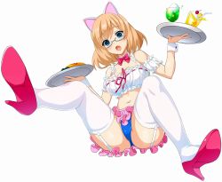 Rule 34 | 1girl, animal ears, aqua eyes, azalea egner, blonde hair, blue eyes, blue panties, bow, bowtie, bra, cat ears, cle masahiro, drink, fallen down, frilled shirt, frilled skirt, frills, full body, garter straps, glasses, high heels, holding, lace, lace-trimmed bra, lace trim, light brown hair, looking at viewer, navel, open mouth, panties, pink skirt, pumps, shirt, short hair, simple background, skirt, solo, thighhighs, tray, underwear, valkyrie drive, valkyrie drive -siren-, waitress, white background