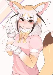 Rule 34 | 1girl, absurdres, animal ears, black hair, blonde hair, blush, brown eyes, closed mouth, elbow gloves, fennec (kemono friends), fox ears, fox girl, fox tail, gloves, highres, index finger raised, kemono friends, looking at viewer, multicolored clothes, multicolored gloves, multicolored hair, sani, short hair, short sleeves, smile, solo, tail, white gloves, white hair, yellow gloves