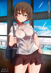 Rule 34 | 1girl, black skirt, blush, breasts, brown eyes, brown hair, closed mouth, collarbone, covered navel, eyebrows hidden by hair, girls und panzer, hand on own hip, highres, indoors, large breasts, looking at viewer, megadeko, miniskirt, nishizumi maho, pleated skirt, school uniform, shirt, short hair, skirt, smile, solo, white shirt