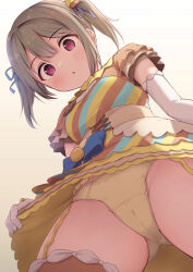 Rule 34 | 1girl, blue ribbon, blush, cameltoe, cleft of venus, clothes lift, crotch seam, dress, elbow gloves, from below, garter straps, gloves, gluteal fold, hair ornament, highres, lifting own clothes, light brown hair, looking at viewer, love live!, love live! nijigasaki high school idol club, medium hair, nakasu kasumi, panties, red eyes, ribbon, simple background, skirt, skirt lift, solo, thighhighs, toyasu aina, twintails, underwear, upskirt, white gloves, yellow dress, yellow panties, yellow ribbon, yellow thighhighs