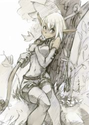Rule 34 | 1girl, ankama, bare shoulders, bow, covered navel, cra (wakfu), cra f, elbow gloves, evangelyne (wakfu), gloves, legs together, looking at viewer, monochrome, outdoors, plant, pointy ears, shorts, sitting, smile, solo, thighhighs, tree, wakfu, weapon, white hair, xaxaxa, zettai ryouiki