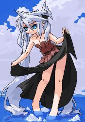 Rule 34 | 1girl, :&lt;, absurdly long hair, aliasing, bare arms, bare legs, bare shoulders, barefoot, black ribbon, black skirt, blue eyes, closed mouth, clothes lift, cloud, cloudy sky, collarbone, day, eyes visible through hair, female focus, flat chest, full body, hair between eyes, hair ribbon, horizon, ice, lifting own clothes, long hair, long skirt, looking to the side, lowres, mof, mof&#039;s silver haired twintailed girl, ocean, oekaki, original, outdoors, ribbon, rock, skirt, skirt lift, sky, solo, standing, strapless, tsurime, tube top, twintails, very long hair, wading, water, white hair