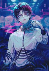 Rule 34 | 1boy, aki (xxparadexx), black hair, cigarette, earrings, glasses, harness, highres, holding, holding cigarette, jewelry, looking at viewer, male focus, nail polish, open mouth, original, piercing, plant, ring, shirt, skeleton, smoking, solo, white shirt