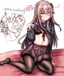 Rule 34 | !, !!, 1boy, 2girls, absurdres, bed sheet, black bra, black pantyhose, black skirt, black sweater, blush, bra, breasts, brown hair, clothes lift, commentary, english commentary, english text, front-tie bra, girls&#039; frontline, heart, highres, long hair, multiple girls, one side up, pantyhose, peroronti, s-head commander, scar, scar across eye, simple background, skirt, small breasts, speech bubble, sweat, sweater, ump45 (girls&#039; frontline), ump9 (girls&#039; frontline), underwear, yellow eyes