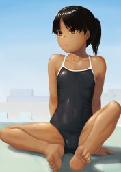 Rule 34 | 1girl, ass, bare shoulders, barefoot, black hair, brown eyes, competition school swimsuit, covered erect nipples, covered navel, dark-skinned female, dark skin, feet, flat chest, highres, nail polish, one-piece swimsuit, original, ponytail, ranma (kamenrideroz), school swimsuit, sitting, soles, solo, spread legs, swimsuit, toenail polish, toenails, toes