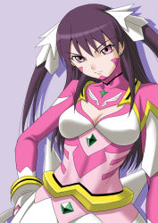 Rule 34 | 00s, 1girl, bodysuit, breasts, cleavage, cleavage cutout, clothing cutout, hazakura sakura, large breasts, misnon the great, my-otome, pink theme, purple eyes, purple hair, solo, twintails