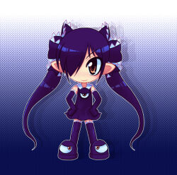 Rule 34 | 1girl, backbeako (torotei), backbeard, black dress, black footwear, black gloves, black hair, black ribbon, black thighhighs, blue background, blush, chibi, closed mouth, commentary request, dress, elbow gloves, full body, futaba channel, gegege no kitarou, gloves, gradient background, hair over one eye, hair ribbon, hands on own hips, long hair, looking at viewer, original, pointy ears, red eyes, ribbon, simple background, sleeveless, sleeveless dress, smile, solo, standing, straight-on, thighhighs, torotei, twintails, v-shaped eyebrows, white background