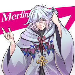 Rule 34 | 1boy, bishounen, character name, closed mouth, fate/grand order, fate (series), flower knot, hooded robe, kagyu, male focus, merlin (fate), purple eyes, red ribbon, ribbon, robe, solo, white background, white hair, white robe, wide sleeves, yellow ribbon