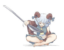Rule 34 | 1girl, bare shoulders, barefoot, blue dress, blue ribbon, clenched teeth, curly hair, detached sleeves, dress, facing viewer, food, highres, holding, holding food, holding spoon, horizontal pupils, horn ornament, horn ribbon, horns, indian style, long sleeves, looking at food, looking down, meandros, medium dress, medium hair, meme, motion lines, oversized object, peroponesosu., pointy ears, pudding, red eyes, red horns, red sleeves, ribbon, sharp teeth, sheep horns, simple background, sitting, solo, spoon, teeth, touhou, toutetsu yuuma, white background, white hair, wide sleeves