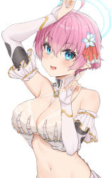 Rule 34 | 1girl, absurdres, ahoge, arm up, armpits, bad id, bad pixiv id, bare shoulders, blue eyes, blush, breasts, bridal gauntlets, cleavage, clothing request, commentary request, covering privates, covering breasts, flower, hair between eyes, hair flower, hair ornament, hand up, highres, large breasts, looking at viewer, lower teeth only, navel, open mouth, original, pointy ears, short hair, simple background, skeletal hand, smile, solo, teeth, upper body, white background, xubai