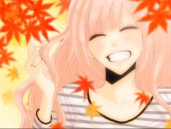 Rule 34 | 1girl, alternate hairstyle, blush, cup, closed eyes, happy, hime cut, jewelry, just be friends (vocaloid), laughing, leaf, long hair, megurine luka, pink hair, ring, screencap, smile, solo, striped, vocaloid, yunomi, yunomi (yunomi imonuy)