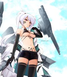 Rule 34 | 1girl, absurdres, alabama (azur lane), arescr, azur lane, bare shoulders, bikini, black bikini, black gloves, black shorts, black thighhighs, blue sky, breasts, cloud, commentary, cowboy shot, day, detached collar, elbow gloves, facial mark, gloves, grin, hand up, head tilt, highres, jacket, unworn jacket, large breasts, long hair, looking at viewer, navel, red eyes, short shorts, shorts, silver hair, sky, smile, solo, standing, stomach, swimsuit, thighhighs, thighs, twintails, whisker markings, white jacket