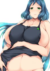 Rule 34 | 1girl, apron, areola slip, blue hair, blush, breast hold, breasts, cleavage, collarbone, covered erect nipples, from below, green eyes, groin, gundam, gundam build fighters, highres, huge breasts, iori rinko, large areolae, large nipples, long hair, looking at viewer, mature female, naked apron, navel, nipple slip, nipples, plump, puffy nipples, shiny skin, sidelocks, simple background, smile, solo, standing, thighs, tsukasawa takamatsu, very long hair, white background