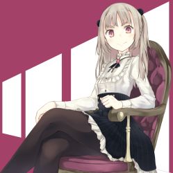 Rule 34 | 1girl, albino, bad id, bad twitter id, black pantyhose, black skirt, blush, brooch, buttons, chair, crossed legs, frilled skirt, frills, hair bobbles, hair ornament, hiwatari rin, jewelry, lolita fashion, long sleeves, looking at viewer, meme attire, original, pantyhose, pinstripe pattern, pom pom (clothes), red eyes, simple background, sitting, skirt, smirk, solo, striped, two side up, virgin killer outfit, white hair
