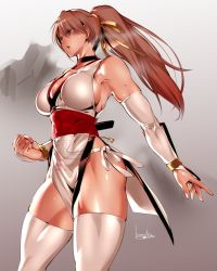 Rule 34 | 1girl, arm guards, bowalia, breasts, bridal gauntlets, brown eyes, choker, cleavage, clenched hand, dead or alive, detached sleeves, dress, hair ribbon, high ponytail, kasumi (doa), large breasts, muscular, muscular female, ninja, obi, open mouth, pelvic curtain, ponytail, red choker, ribbon, sash, thighhighs, thighs, white dress, yellow ribbon