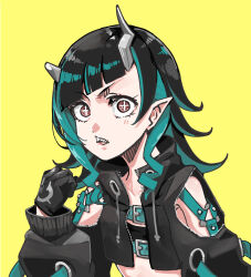 Rule 34 | + +, 1girl, absurdres, belt, belt bra, black gloves, black hair, black jacket, blue belt, blue hair, blunt bangs, brown eyes, chest belt, clothing cutout, commentary request, cropped jacket, demon girl, demon horns, diagonal bangs, fang, flat chest, gloves, highres, horns, jacket, long hair, long sleeves, looking at viewer, medium bangs, multicolored hair, nanashi inc., open clothes, open jacket, open mouth, panyatteria, pointy ears, shishio chris, shoulder cutout, simple background, solo, two-tone hair, upper body, virtual youtuber, yellow background, zipper