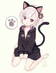 Rule 34 | 1girl, :&lt;, :o, animal ears, artist name, barefoot, black hoodie, capriccio, cat ears, cat tail, character name, chestnut mouth, commentary request, dated, fake animal ears, feet, full body, highres, hood, hood down, hoodie, kaburi chiko, long sleeves, looking at viewer, naked hoodie, one side up, original, partially unzipped, paw hair ornament, paw print, pink eyes, short hair, signature, simple background, sitting, solo, speech bubble, spoken paw print, tail, tail raised, wariza, white hair