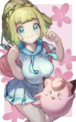Rule 34 | 1girl, backpack, bag, blonde hair, blunt bangs, blush, braid, breasts, clefairy, clenched hands, closed mouth, commentary request, creatures (company), eyelashes, game freak, gen 1 pokemon, green eyes, hands up, highres, lillie (pokemon), long hair, looking at viewer, nintendo, pink bag, pleated skirt, pokemon, pokemon (creature), pokemon sm, shiny skin, short sleeves, skirt, smile, tamukoro
