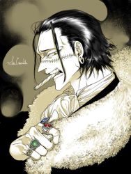 Rule 34 | 1boy, cigar, coat, crocodile (one piece), earrings, jewelry, male focus, mouth hold, multiple rings, one piece, open mouth, pigeon666, profile, ring, signature, smoking, solo, spot color, stitched face, stitches
