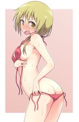 Rule 34 | &gt;:o, 1girl, :o, ass, beige background, bikini, blonde hair, blush, border, breasts, butt crack, cowboy shot, from side, full-face blush, hair between eyes, halterneck, highres, ichii yui, large breasts, long hair, looking at viewer, looking back, low twintails, mel (melty pot), open clothes, open mouth, red bikini, side-tie bikini bottom, sideboob, simple background, solo, string bikini, sweat, sweatdrop, swimsuit, tareme, thighs, twintails, untied bikini, v-shaped eyebrows, wavy mouth, white border, yellow eyes, yuyushiki