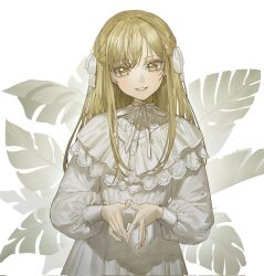 Rule 34 | 1girl, blonde hair, collar, cowboy shot, dress, floral background, frilled collar, frills, hair ribbon, highres, light smile, long hair, monstera deliciosa, original, own hands together, puffy sleeves, ribbon, seveneightdu, sidelocks, solo, white background, white dress, white ribbon, yellow eyes