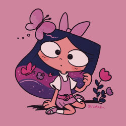 Rule 34 | 1girl, belt, black hair, bow, bug, butterfly, chibi, child, dress, flower, hair bow, insect, isabella garcia-shapiro, long hair, phineas and ferb, pink background, pink belt, pink bow, pink dress, shirt, smile, sudako (tkb315), toon (style)