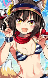 1girl :d animal_ear_fluff animal_ears armpits bare_shoulders bikini blue_archive blush breasts brown_hair cleavage commentary_request cowboy_shot denim denim_shorts double_fox_shadow_puppet fang flower fox_ears fox_girl fox_shadow_puppet fox_tail groin hair_between_eyes hair_flower hair_ornament halo hands_up highleg highleg_bikini highres izuna_(blue_archive) izuna_(swimsuit)_(blue_archive) looking_at_viewer midriff navel official_alternate_costume open_mouth pink_halo red_scarf scarf short_hair shorts sidelocks skin_fang small_breasts smile solo standing striped_bikini striped_clothes sunflower sunflower_hair_ornament swimsuit tail visor_cap yasume_yukito yellow_eyes