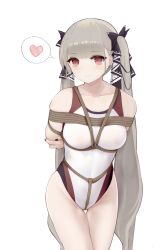 Rule 34 | 1girl, absurdres, arms behind back, azur lane, bdsm, blush, bondage, bound, bound arms, breast bondage, breasts, collarbone, commentary request, competition swimsuit, cowboy shot, crotch rope, earrings, formidable (azur lane), grey hair, head tilt, heart, highres, jewelry, long hair, looking at viewer, medium breasts, nail polish, one-piece swimsuit, red eyes, restrained, ribbon, rope, shibari, shibari over clothes, simple background, skindentation, solo, speech bubble, spoken heart, standing, swimsuit, thigh gap, twintails, two-tone ribbon, very long hair, white background, yuuraku yuraku