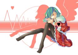 Rule 34 | 1girl, black pantyhose, female focus, green hair, heart, kazami yuuka, looking at viewer, mito (calcomer), no shoes, pantyhose, plaid, plaid vest, red eyes, short hair, solo, touhou, vest, wings