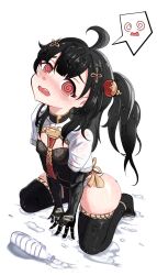 Rule 34 | 1girl, @ @, ahoge, black dress, black hair, black thighhighs, blush, crying, crying with eyes open, dress, hair ornament, highres, jngen97, long hair, mechanical arms, open mouth, pulao (punishing: gray raven), punishing: gray raven, red eyes, solo, spoken expression, sweat, tears, teeth, thighhighs, upper teeth only, wet, white background