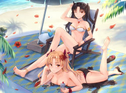 Rule 34 | 2girls, barefoot, beach, bikini, black hair, blonde hair, blush, cup, drinking glass, dual persona, earrings, ereshkigal (fate), eyewear on head, fate/grand order, fate (series), feet, female focus, flower, ishtar (fate), jewelry, leg up, long hair, looking at viewer, lotion, lying, multiple girls, necklace, on stomach, one eye closed, outdoors, petals, red eyes, shoes, side-tie bikini bottom, single shoe, smile, sunglasses, sunscreen, swimsuit, tan, tanline, tohsaka rin, twintails, two side up, umbrella, untied bikini, yuemanhuaikong
