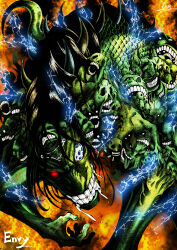 alternate_form black_sclera blue_eyes character_name clenched_teeth colored_sclera colored_skin colored_tongue electricity envy_(fma) extra_faces extra_pupils fire forehead_tattoo fullmetal_alchemist gamjagom glowing glowing_eye green_skin green_tongue hair_between_eyes heterochromia highres korean_commentary looking_at_viewer monster open_mouth red_eyes red_hair saliva scales signature slit_pupils solo spikes tail teeth tongue tongue_out traditional_media white_eyes