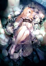 Rule 34 | 1girl, bare shoulders, bird, blonde hair, blush, bobby socks, closed mouth, commentary, cross-laced clothes, cross-laced dress, crow, curtained hair, detached sleeves, dress, earrings, frilled dress, frilled sleeves, frills, full body, hair over one eye, highres, idolmaster, idolmaster cinderella girls, jewelry, knees up, legs, long hair, looking at viewer, lying, official alternate hair length, official alternate hairstyle, on back, sayuumigi, shirasaka koume, shorts, skull, sleeves past fingers, sleeves past wrists, smile, socks, solo, strappy heels, very long hair, white dress, white footwear, white shorts