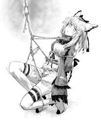 Rule 34 | 1girl, a tea, arknights, arms behind back, blush, bound, bound arms, goggles, goggles around neck, greyscale, highres, long hair, looking at viewer, monochrome, open mouth, owl ears, ptilopsis (arknights), shibari, solo, sweatdrop, thighhighs