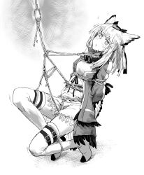 1girl a_tea arknights arms_behind_back blush bound bound_arms goggles goggles_around_neck greyscale highres long_hair looking_at_viewer monochrome open_mouth owl_ears ptilopsis_(arknights) shibari solo sweatdrop thighhighs