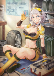 Rule 34 | 1girl, :d, arm at side, arm up, azur lane, belt, belt pouch, bikini, bikini top only, bikini under clothes, black bikini, black choker, blue eyes, blueprint (object), blush, boots, breasts, cable, canister, choker, cleavage, cropped jacket, cross, cross necklace, death-the-cat, earrings, fingerless gloves, gloves, goggles, goggles on head, grin, hair between eyes, highres, indoors, jacket, jewelry, knee boots, looking at viewer, medium breasts, medium hair, navel, necklace, newspaper, open clothes, open jacket, open mouth, orange footwear, orange gloves, orange jacket, orange shorts, partially unzipped, pendant, pouch, race queen, screwdriver, shelf, short hair, short sleeves, shorts, silver hair, sitting, smile, solo, strapless, strapless bikini, sunglasses on head, swimsuit, table, teeth, tinted eyewear, tire, toolbox, washington (azur lane), wheel, wrench, yellow-tinted eyewear, zipper