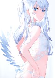Rule 34 | 1girl, absurdres, achiki, arched back, bare arms, bare shoulders, blue eyes, bra, closed mouth, cowboy shot, expressionless, from side, gradient background, highres, lace, lingerie, long hair, looking at viewer, looking back, one side up, original, panties, scan, sidelocks, silver hair, solo, standing, underwear, underwear only, white background, white bra, white panties, wings