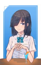 Rule 34 | 1girl, black hair, blue background, bow, bowtie, cup, green bow, green bowtie, grey eyes, hair over one eye, hayashimo (kancolle), highres, kantai collection, koureikyou kou, looking at viewer, shirt, short sleeves, simple background, smile, solo, twitter username, white shirt