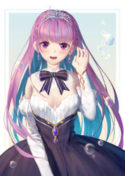 Rule 34 | 1girl, :d, bare shoulders, black bow, black dress, blue hair, blush, bow, breasts, bubble, character name, colored inner hair, commentary request, detached sleeves, dress, earrings, hand up, highres, hololive, jewelry, ji dao ji, long hair, long sleeves, looking at viewer, minato aqua, multicolored hair, open mouth, pink hair, purple eyes, round teeth, small breasts, smile, solo, strapless, strapless dress, streaked hair, striped, striped bow, teeth, tiara, two-tone hair, upper body, upper teeth only, very long hair, virtual youtuber, white sleeves