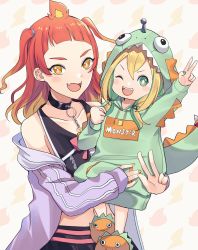 Rule 34 | 2girls, absurdres, aged down, amano pikamee, ameki, black collar, black pants, blonde hair, collar, collarbone, colored inner hair, dinosaur hood, fangs, fire, fire, gradient hair, green hair, green hoodie, highres, hikasa tomoshika, holding person, hood, hoodie, jacket, medium hair, multicolored hair, multiple girls, nail polish, off shoulder, official alternate costume, official alternate hairstyle, open mouth, pants, purple jacket, red hair, short hair, skin fangs, slippers, two side up, v, v-shaped eyebrows, virtual youtuber, voms
