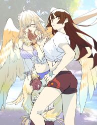 Rule 34 | 2girls, ahoge, animal hands, baseball bat, basket, bikini, bird legs, black shorts, bone color919, breasts, brown eyes, brown hair, brown shorts, cloud, commentary request, feathered wings, feathers, glasses, hair over one eye, hand on own hip, harpy, highres, holding, holding baseball bat, holding basket, large breasts, long hair, midriff, monster girl, multiple girls, navel, neck fur, one eye covered, open mouth, protagonist 2 (housamo), purple bikini, shirt, shorts, star tattoo, swimsuit, tattoo, tokyo houkago summoners, white feathers, white shirt, wings, ziz (housamo)