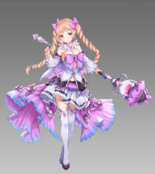 Rule 34 | 1girl, bow, braid, breasts, brown eyes, cleavage, detached collar, detached sleeves, dress, full body, grey background, hair bow, heart, highres, holding, holding staff, light brown hair, long skirt, looking at viewer, lunacle, magical girl, medium breasts, original, purple bow, purple dress, simple background, skirt, smile, staff, standing, thighhighs, twin braids, white thighhighs