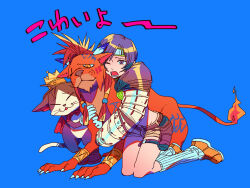 Rule 34 | 1girl, 2boys, animal, armor, bangle, beads, black fur, black hair, blue background, body markings, bracelet, breasts, brown eyes, cait sith (ff7), cape, cat, closed eyes, crop top, crown, earrings, facial mark, feather hair ornament, feathers, final fantasy, final fantasy vii, final fantasy vii rebirth, final fantasy vii remake, flame-tipped tail, full body, gloves, green shirt, grey shirt, hair beads, hair ornament, headband, holding another&#039;s arm, holster, jewelry, kneeling, loose socks, medium breasts, midriff, mini crown, mizu cx, multiple boys, one eye closed, open mouth, orange eyes, orange footwear, orange fur, red cape, red hair, red xiii, scar, scar across eye, shirt, shoes, short shorts, shorts, shoulder armor, sidelocks, single earring, single shoulder pad, sneakers, socks, thigh holster, two-tone fur, white fur, white gloves, yuffie kisaragi
