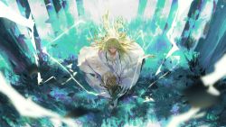 Rule 34 | 1other, absurdres, androgynous, blue background, closed mouth, electricity, enkidu (fate), fate/grand order, fate (series), green hair, grey eyes, highres, huge filesize, long hair, long sleeves, looking at viewer, robe, rsef, solo, standing, very long hair, white robe, wide shot, wide sleeves