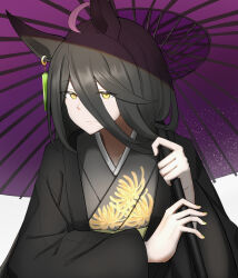 Rule 34 | 1girl, absurdres, ahoge, alternate costume, animal ears, black hair, black kimono, commentary request, earrings, hair between eyes, highres, holding, holding umbrella, horse ears, horse girl, janome de omukae, japanese clothes, jewelry, kimono, long hair, looking at viewer, manhattan cafe (umamusume), multicolored hair, oil-paper umbrella, purple umbrella, simple background, single earring, solo, streaked hair, umamusume, umbrella, upper body, white background, white hair, yellow eyes