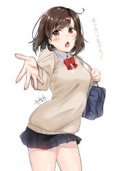 Rule 34 | 1girl, absurdres, bag, black skirt, blue bag, blush, bow, bowtie, brown eyes, brown hair, brown sweater, collared shirt, commentary request, hair ornament, highres, long sleeves, murio, open mouth, original, pleated skirt, red bow, red bowtie, school bag, school uniform, shirt, short hair, shoulder bag, signature, simple background, skirt, solo, sweater, translation request, white background, white shirt