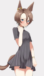 Rule 34 | 1girl, animal ears, black dress, blue eyes, blush, breasts, brown hair, closed mouth, commentary request, dress, grey background, hair between eyes, hand up, highres, horse ears, horse girl, horse tail, looking at viewer, narita taishin (umamusume), parted bangs, short hair, short sleeves, simple background, small breasts, solo, solokitsune, striped clothes, striped dress, tail, umamusume, vertical-striped clothes, vertical-striped dress, watch, wristwatch