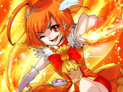 Rule 34 | 10s, 1girl, bike shorts, bike shorts under skirt, bow, bowtie, brooch, choker, clenched hand, cure sunny, dress, eyelashes, fiery background, fire, hino akane (smile precure!), jewelry, magical girl, one eye closed, orange background, orange bow, orange bowtie, orange dress, orange eyes, orange hair, orange skirt, orange theme, precure, short hair, shorts, shorts under skirt, skirt, smile precure!, solo, squatting, tapaipai, wink