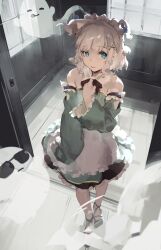 Rule 34 | 1girl, apron, bare shoulders, blue eyes, commentary, detached collar, detached sleeves, doorway, from above, full body, ghost, green shirt, green skirt, hair ornament, hairclip, highres, indie virtual youtuber, kuno (runkunochan), looking at viewer, maid, maid headdress, miniskirt, mint fantome, shirt, short hair, skirt, sleeves past fingers, sleeves past wrists, solo, two side up, virtual youtuber, waist apron, white apron, white hair, x hair ornament